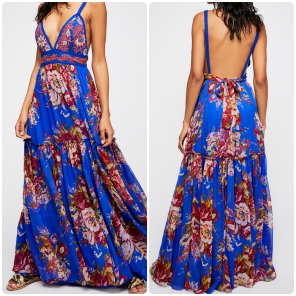 Free People Cobalt Blue Floral Open-Back Maxi Dress